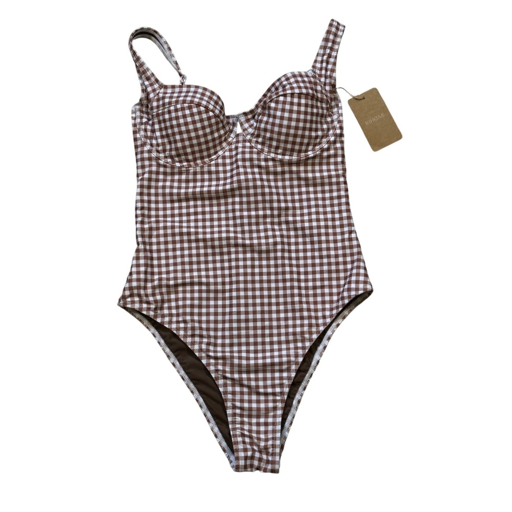 RIHOAS One Piece Swimsuit Gingham Underwire Tie Back Medium Brown White Retro